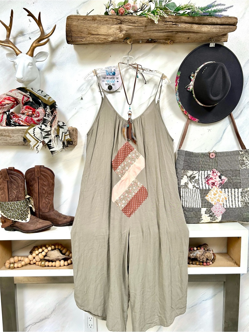 Artisan patchwork Wide-Leg boho sage Jumpsuit w cottagecore prairie hippy vibe